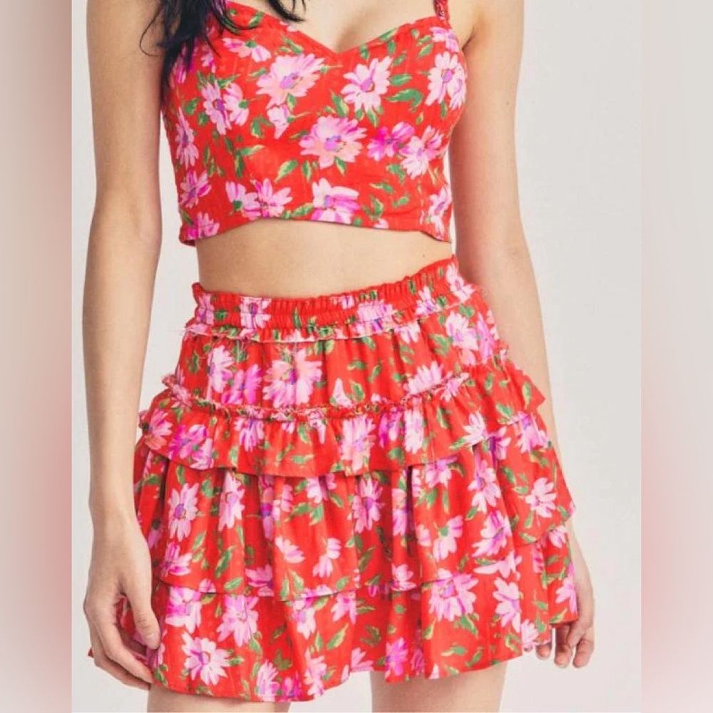 SET NWT LOVESHACKFANCY CORBETT SKIRT AND FINELLI BRALETTE IN MAMBO RED